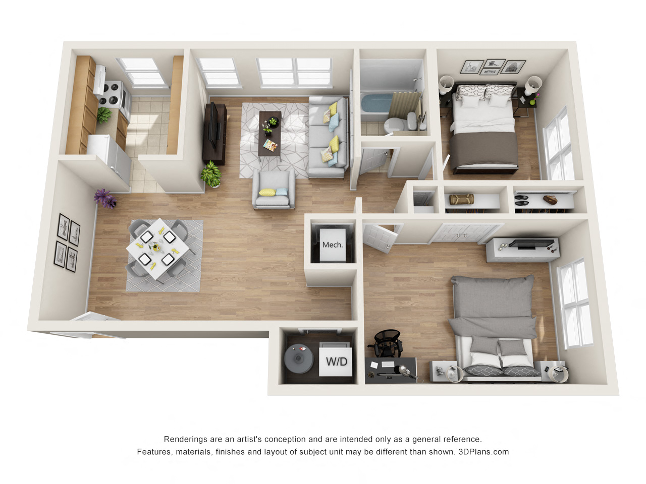 Floor plan for 2 beds, 1 bath, 1035 sqft